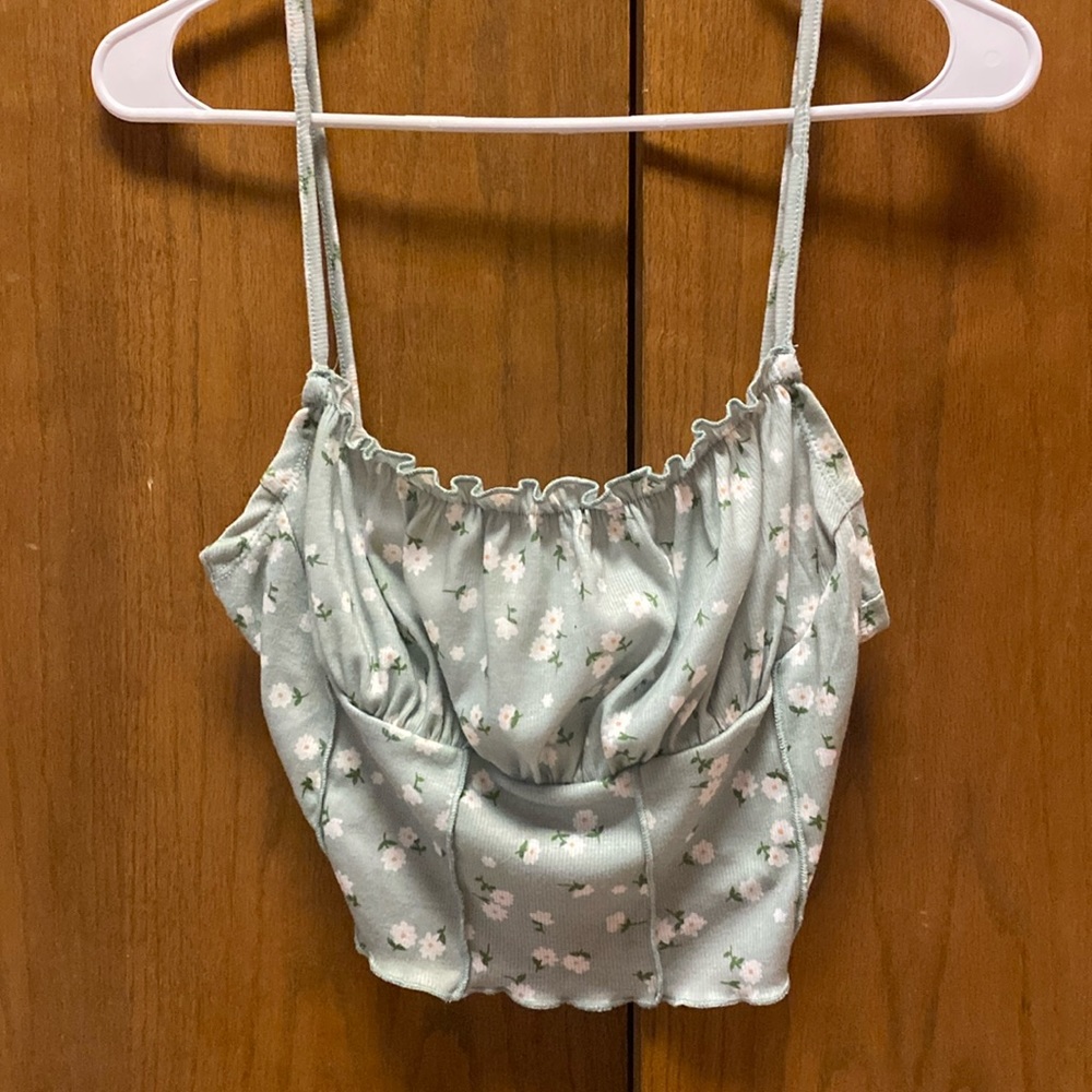 Green Crop Top with White Flowers
